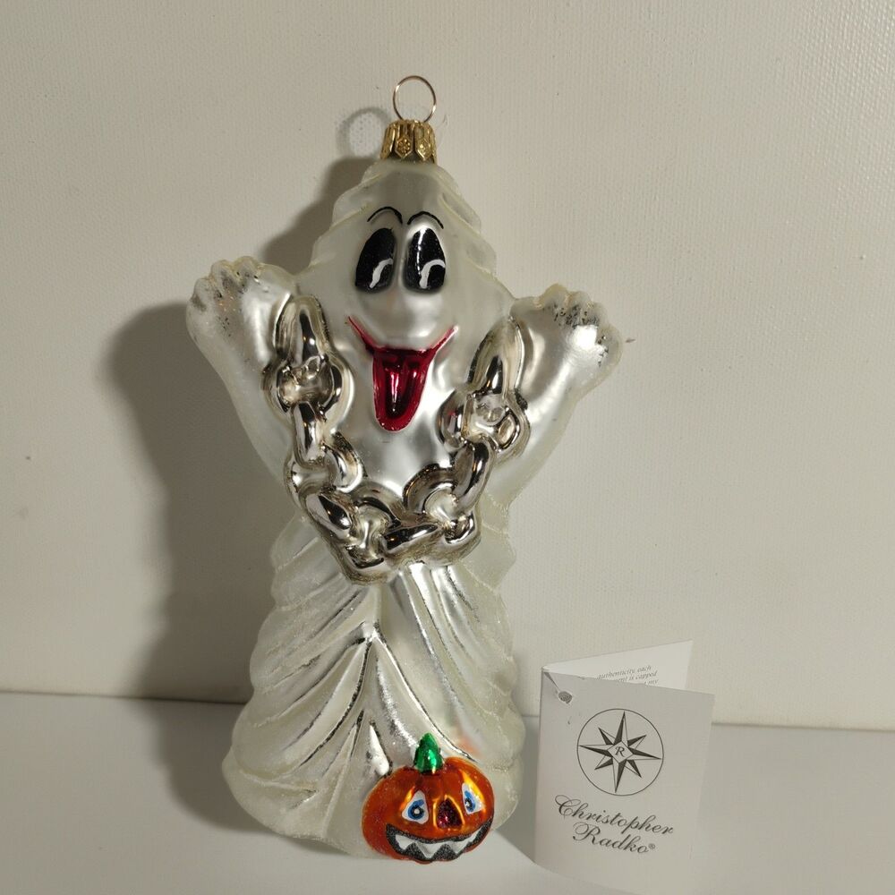 Radko BOO HOO Ghost w/ Chains & Jack-O-Lantern Halloween Ornament 5.5" 1999